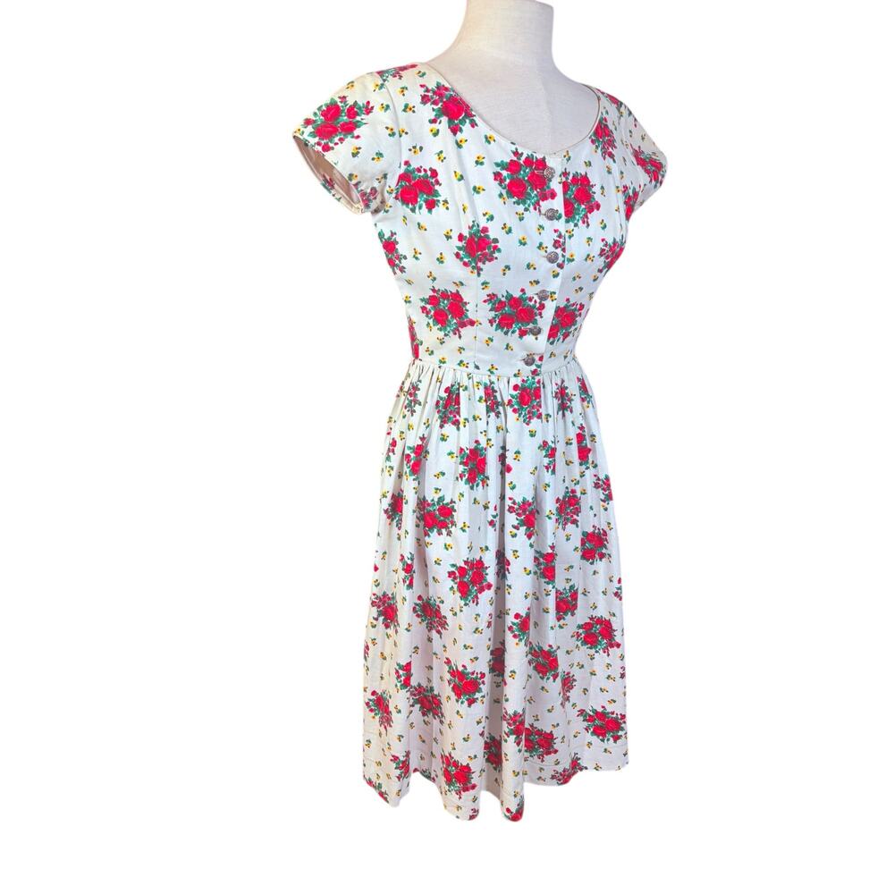Vintage 1950's Rose Print Day Dress S Feminine Colorful Retro Pin-Up Novelty